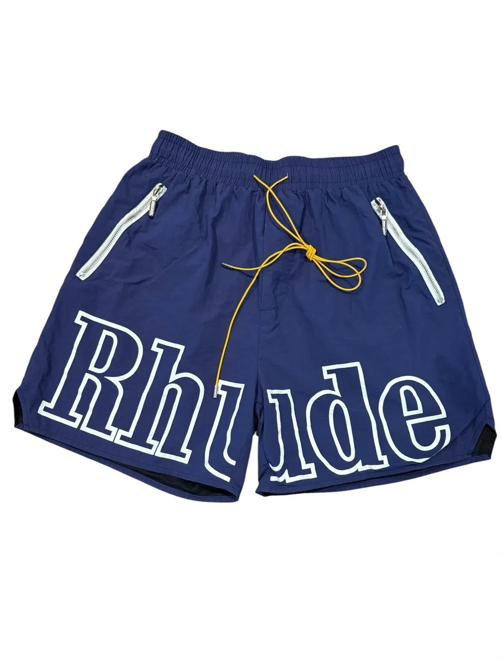 Rhude Navy Swim Shorts with White Logo and Yellow Drawstring S
